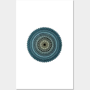 Black mandala art on blue gradient Posters and Art